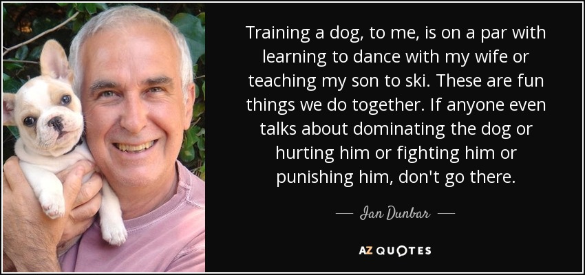 Training a dog, to me, is on a par with learning to dance with my wife or teaching my son to ski. These are fun things we do together. If anyone even talks about dominating the dog or hurting him or fighting him or punishing him, don't go there. - Ian Dunbar