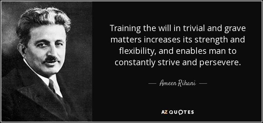 Training the will in trivial and grave matters increases its strength and flexibility, and enables man to constantly strive and persevere. - Ameen Rihani