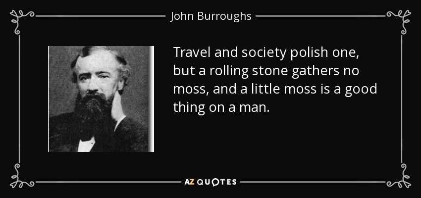 Travel and society polish one, but a rolling stone gathers no moss, and a little moss is a good thing on a man. - John Burroughs