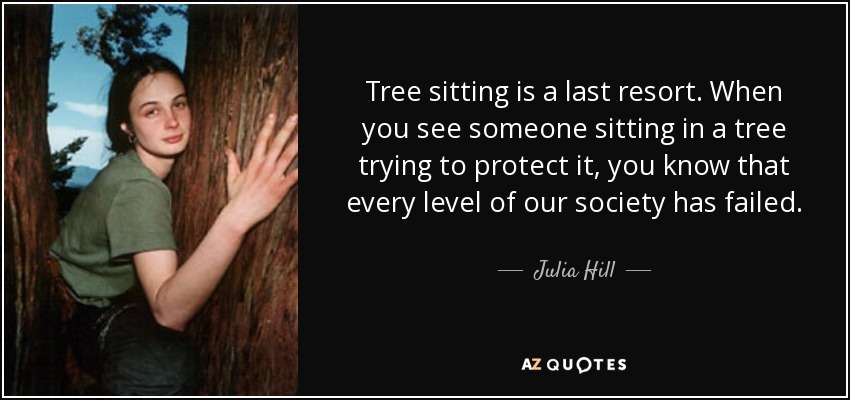 Tree sitting is a last resort. When you see someone sitting in a tree trying to protect it, you know that every level of our society has failed. - Julia Hill