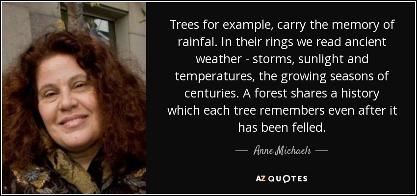 Trees for example, carry the memory of rainfal. In their rings we read ancient weather - storms, sunlight and temperatures, the growing seasons of centuries. A forest shares a history which each tree remembers even after it has been felled. - Anne Michaels