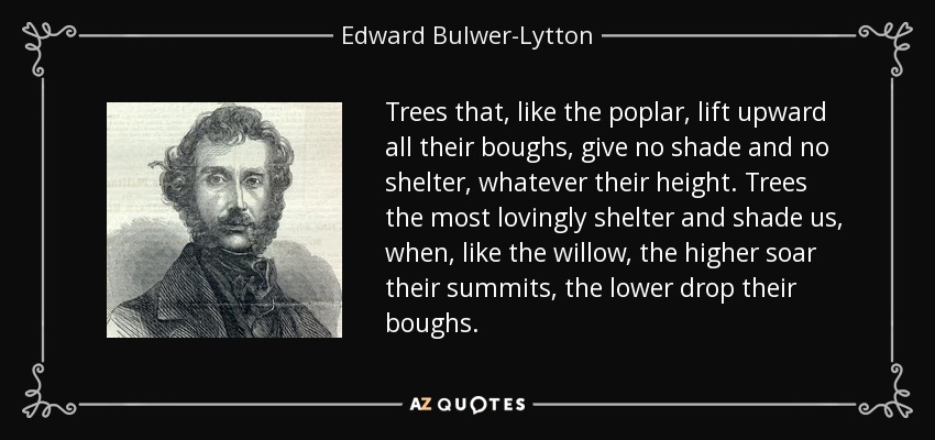 Trees that, like the poplar, lift upward all their boughs, give no shade and no shelter, whatever their height. Trees the most lovingly shelter and shade us, when, like the willow, the higher soar their summits, the lower drop their boughs. - Edward Bulwer-Lytton, 1st Baron Lytton