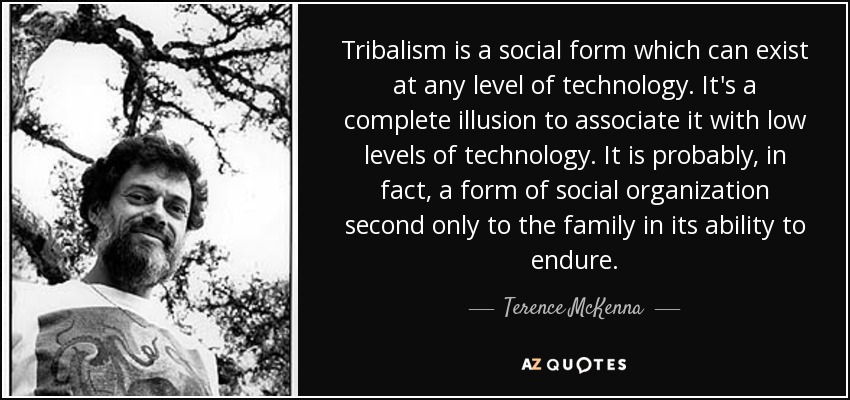 Tribalism is a social form which can exist at any level of technology. It's a complete illusion to associate it with low levels of technology. It is probably, in fact, a form of social organization second only to the family in its ability to endure. - Terence McKenna