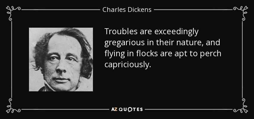 Troubles are exceedingly gregarious in their nature, and flying in flocks are apt to perch capriciously. - Charles Dickens