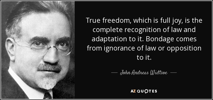 True freedom, which is full joy, is the complete recognition of law and adaptation to it. Bondage comes from ignorance of law or opposition to it. - John Andreas Widtsoe