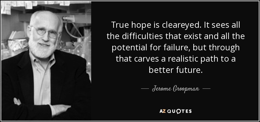 True hope is cleareyed. It sees all the difficulties that exist and all the potential for failure, but through that carves a realistic path to a better future. - Jerome Groopman