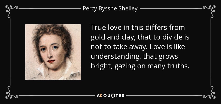 True love in this differs from gold and clay, that to divide is not to take away. Love is like understanding, that grows bright, gazing on many truths. - Percy Bysshe Shelley