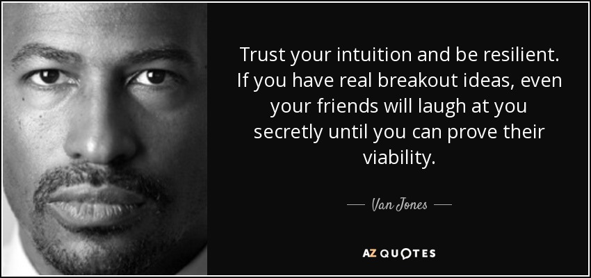 Trust your intuition and be resilient. If you have real breakout ideas, even your friends will laugh at you secretly until you can prove their viability. - Van Jones