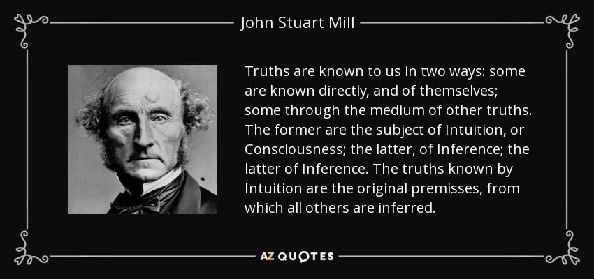 Truths are known to us in two ways: some are known directly, and of themselves; some through the medium of other truths. The former are the subject of Intuition, or Consciousness; the latter, of Inference; the latter of Inference. The truths known by Intuition are the original premisses, from which all others are inferred. - John Stuart Mill