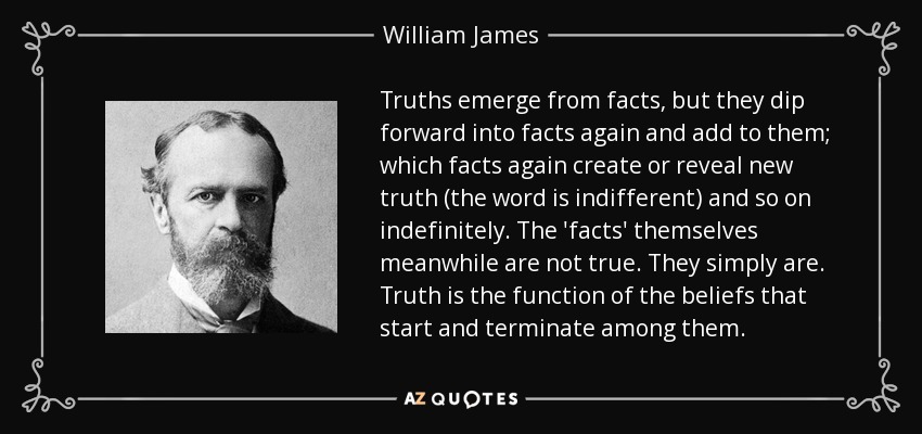 Truths emerge from facts, but they dip forward into facts again and add to them; which facts again create or reveal new truth (the word is indifferent) and so on indefinitely. The 'facts' themselves meanwhile are not true. They simply are. Truth is the function of the beliefs that start and terminate among them. - William James