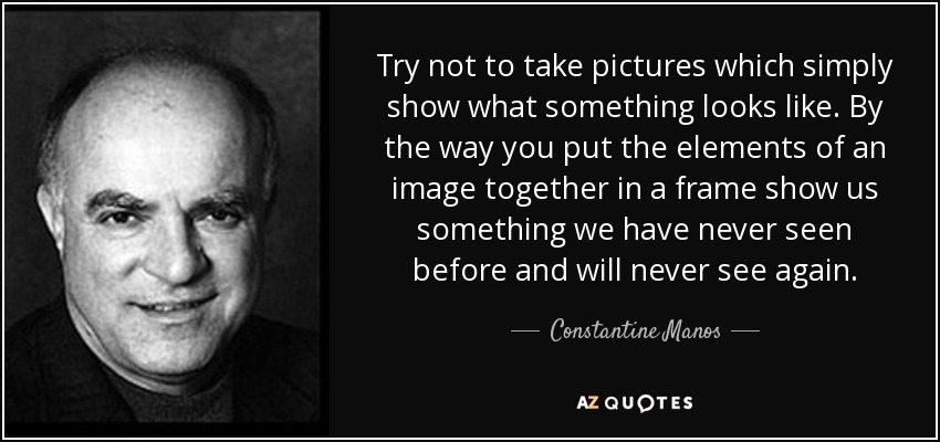 Try not to take pictures which simply show what something looks like. By the way you put the elements of an image together in a frame show us something we have never seen before and will never see again. - Constantine Manos