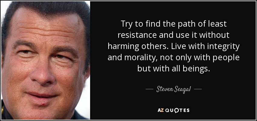 Try to find the path of least resistance and use it without harming others. Live with integrity and morality, not only with people but with all beings. - Steven Seagal
