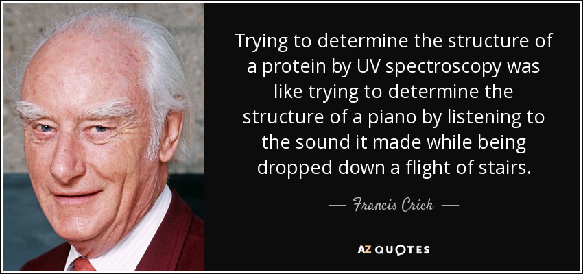 Trying to determine the structure of a protein by UV spectroscopy was like trying to determine the structure of a piano by listening to the sound it made while being dropped down a flight of stairs. - Francis Crick