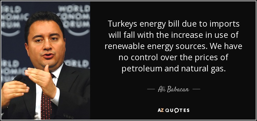 Turkeys energy bill due to imports will fall with the increase in use of renewable energy sources. We have no control over the prices of petroleum and natural gas. - Ali Babacan