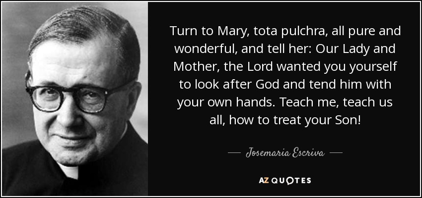 Turn to Mary, tota pulchra, all pure and wonderful, and tell her: Our Lady and Mother, the Lord wanted you yourself to look after God and tend him with your own hands. Teach me, teach us all, how to treat your Son! - Josemaria Escriva