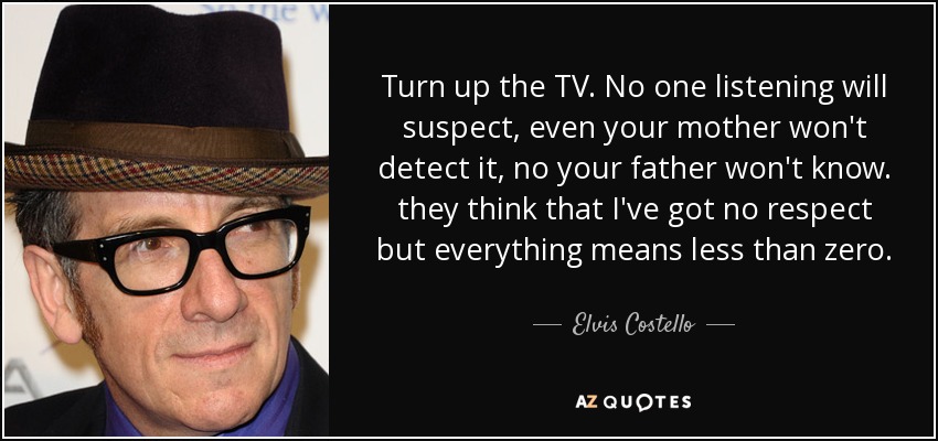 Turn up the TV. No one listening will suspect, even your mother won't detect it, no your father won't know. they think that I've got no respect but everything means less than zero. - Elvis Costello