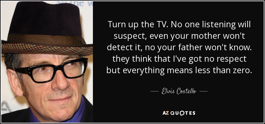 Turn up the TV. No one listening will suspect, even your mother won't detect it, no your father won't know. they think that I've got no respect but everything means less than zero. - Elvis Costello