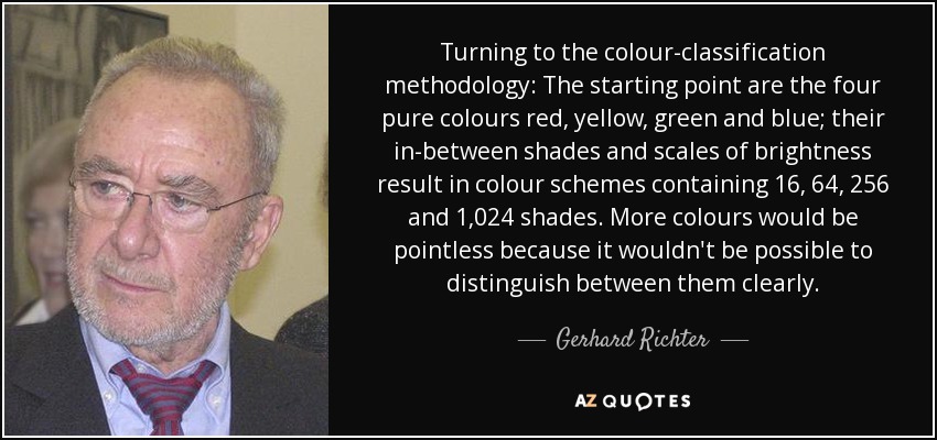 Turning to the colour-classification methodology: The starting point are the four pure colours red, yellow, green and blue; their in-between shades and scales of brightness result in colour schemes containing 16, 64, 256 and 1,024 shades. More colours would be pointless because it wouldn't be possible to distinguish between them clearly. - Gerhard Richter