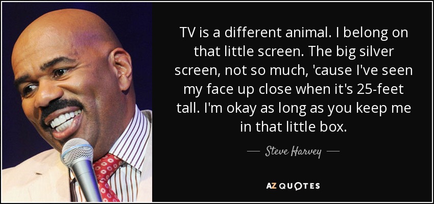 TV is a different animal. I belong on that little screen. The big silver screen, not so much, 'cause I've seen my face up close when it's 25-feet tall. I'm okay as long as you keep me in that little box. - Steve Harvey