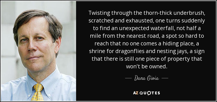 Twisting through the thorn-thick underbrush, scratched and exhausted, one turns suddenly to find an unexpected waterfall, not half a mile from the nearest road, a spot so hard to reach that no one comes a hiding place, a shrine for dragonflies and nesting jays, a sign that there is still one piece of property that won't be owned. - Dana Gioia