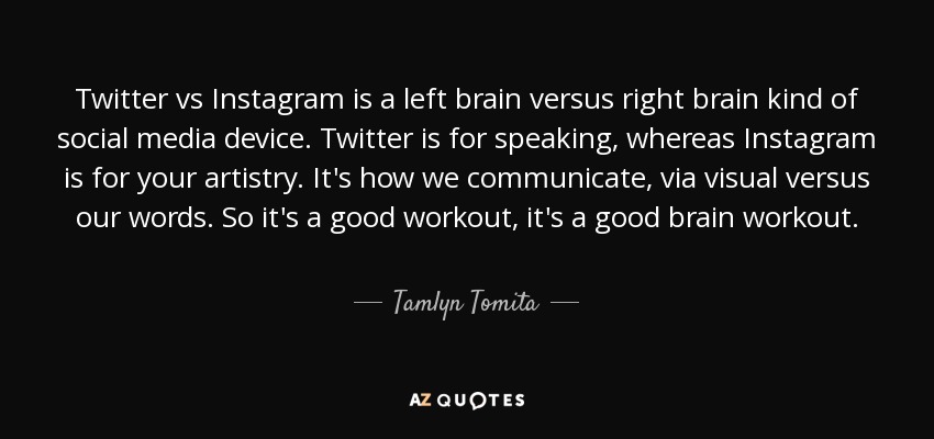 Twitter vs Instagram is a left brain versus right brain kind of social media device. Twitter is for speaking, whereas Instagram is for your artistry. It's how we communicate, via visual versus our words. So it's a good workout, it's a good brain workout. - Tamlyn Tomita