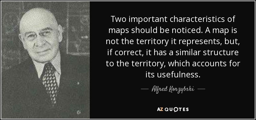 Two important characteristics of maps should be noticed. A map is not the territory it represents, but, if correct, it has a similar structure to the territory, which accounts for its usefulness. - Alfred Korzybski