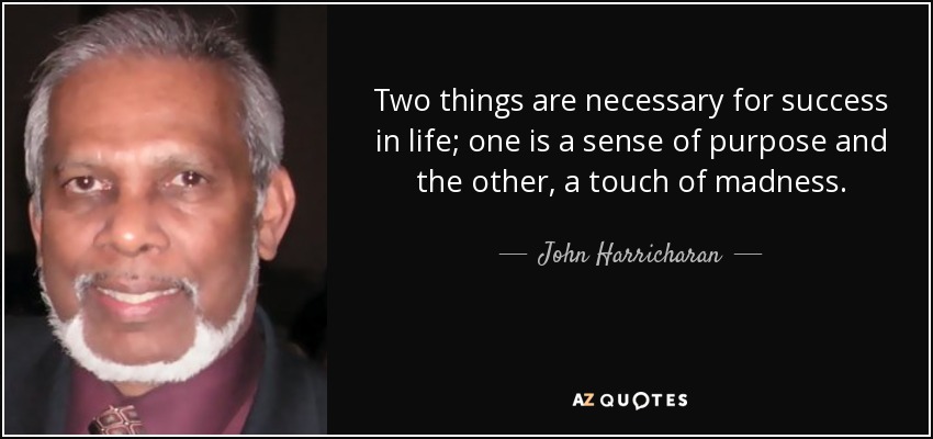 Two things are necessary for success in life; one is a sense of purpose and the other, a touch of madness. - John Harricharan