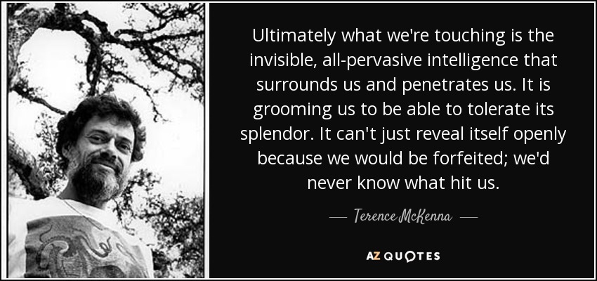 Ultimately what we're touching is the invisible, all-pervasive intelligence that surrounds us and penetrates us. It is grooming us to be able to tolerate its splendor. It can't just reveal itself openly because we would be forfeited; we'd never know what hit us. - Terence McKenna
