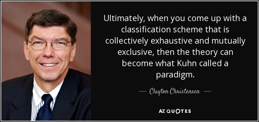 Ultimately, when you come up with a classification scheme that is collectively exhaustive and mutually exclusive, then the theory can become what Kuhn called a paradigm. - Clayton Christensen