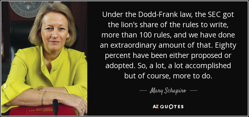Under the Dodd-Frank law, the SEC got the lion's share of the rules to write, more than 100 rules, and we have done an extraordinary amount of that. Eighty percent have been either proposed or adopted. So, a lot, a lot accomplished but of course, more to do. - Mary Schapiro