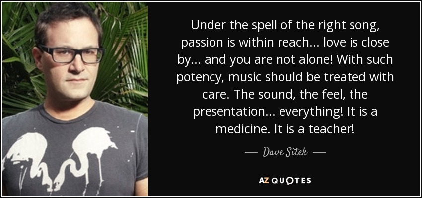 Under the spell of the right song, passion is within reach... love is close by... and you are not alone! With such potency, music should be treated with care. The sound, the feel, the presentation... everything! It is a medicine. It is a teacher! - Dave Sitek