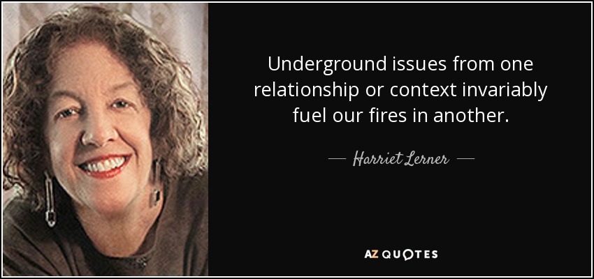 Underground issues from one relationship or context invariably fuel our fires in another. - Harriet Lerner