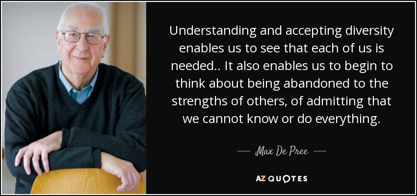 Understanding and accepting diversity enables us to see that each of us is needed.. It also enables us to begin to think about being abandoned to the strengths of others, of admitting that we cannot know or do everything. - Max De Pree