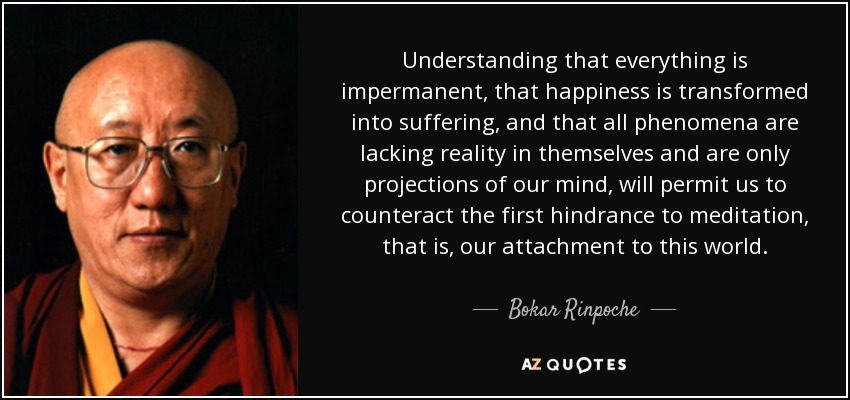 Understanding that everything is impermanent, that happiness is transformed into suffering, and that all phenomena are lacking reality in themselves and are only projections of our mind, will permit us to counteract the first hindrance to meditation, that is, our attachment to this world. - Bokar Rinpoche