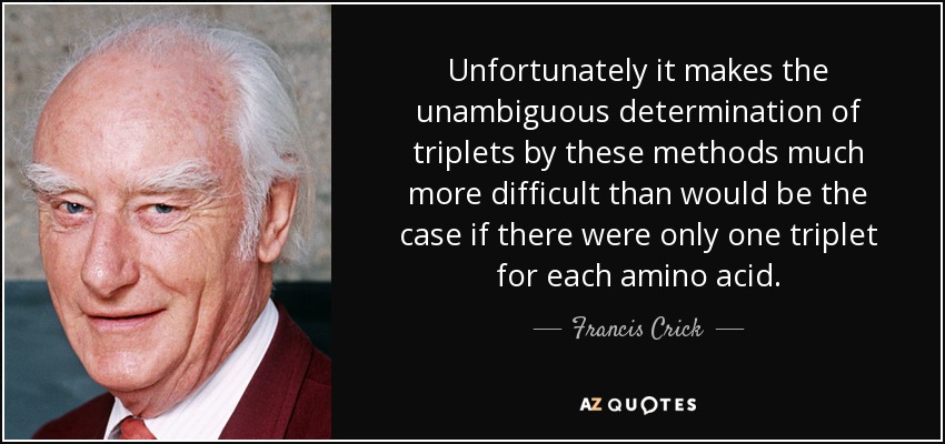 Unfortunately it makes the unambiguous determination of triplets by these methods much more difficult than would be the case if there were only one triplet for each amino acid. - Francis Crick