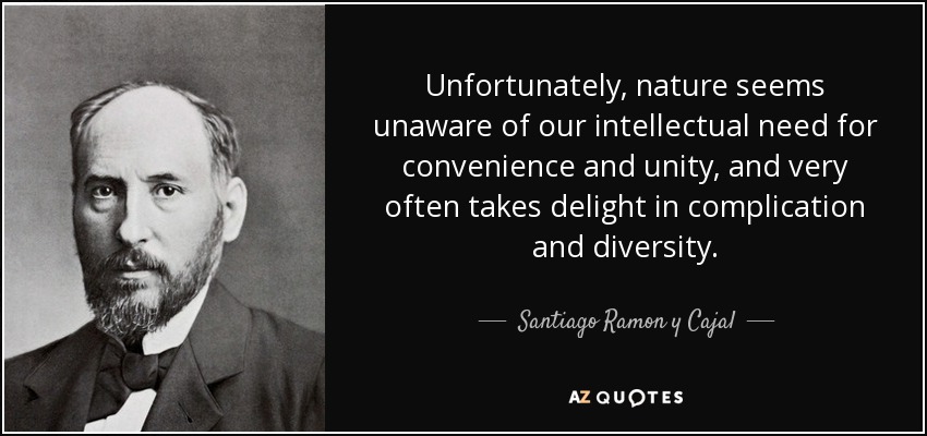 Unfortunately, nature seems unaware of our intellectual need for convenience and unity, and very often takes delight in complication and diversity. - Santiago Ramon y Cajal