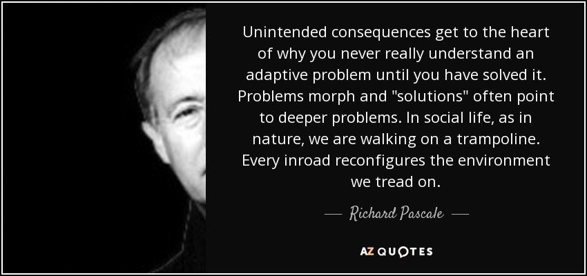 Unintended consequences get to the heart of why you never really understand an adaptive problem until you have solved it. Problems morph and 