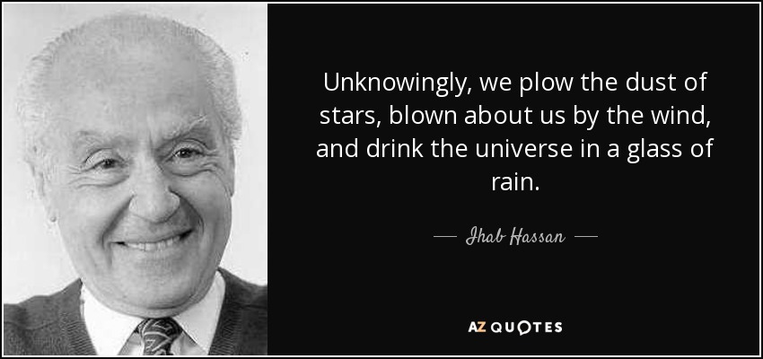 Unknowingly, we plow the dust of stars, blown about us by the wind, and drink the universe in a glass of rain. - Ihab Hassan