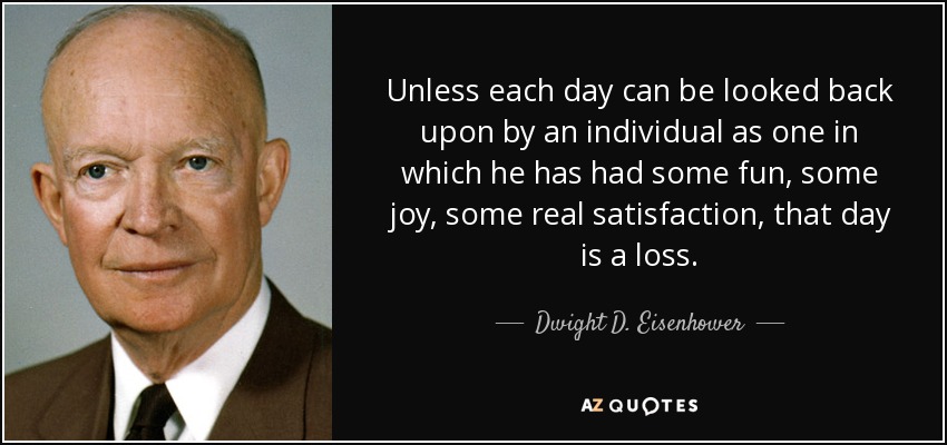 Unless each day can be looked back upon by an individual as one in which he has had some fun, some joy, some real satisfaction, that day is a loss. - Dwight D. Eisenhower