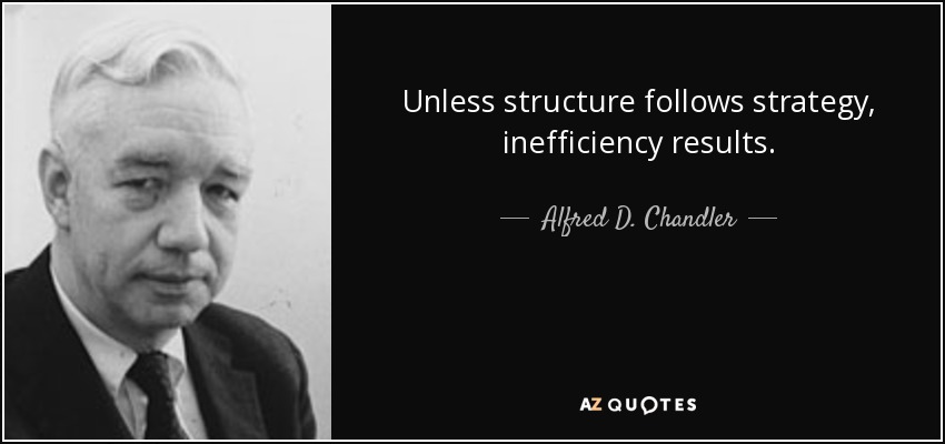 Unless structure follows strategy, inefficiency results. - Alfred D. Chandler, Jr.
