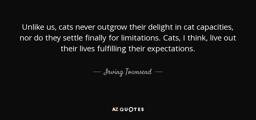 Unlike us, cats never outgrow their delight in cat capacities, nor do they settle finally for limitations. Cats, I think, live out their lives fulfilling their expectations. - Irving Townsend