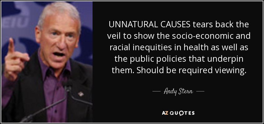 UNNATURAL CAUSES tears back the veil to show the socio-economic and racial inequities in health as well as the public policies that underpin them. Should be required viewing. - Andy Stern