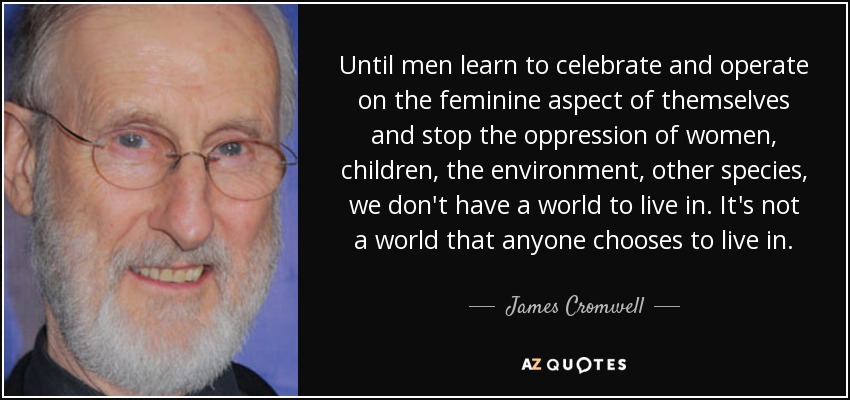 Until men learn to celebrate and operate on the feminine aspect of themselves and stop the oppression of women, children, the environment, other species, we don't have a world to live in. It's not a world that anyone chooses to live in. - James Cromwell