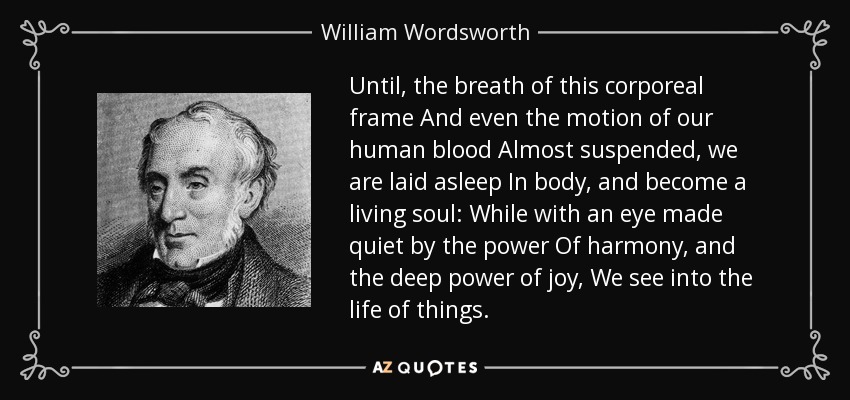 Until, the breath of this corporeal frame And even the motion of our human blood Almost suspended, we are laid asleep In body, and become a living soul: While with an eye made quiet by the power Of harmony, and the deep power of joy, We see into the life of things. - William Wordsworth
