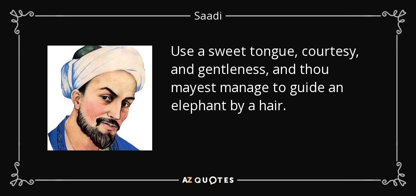 Use a sweet tongue, courtesy, and gentleness, and thou mayest manage to guide an elephant by a hair. - Saadi