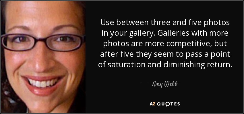 Use between three and five photos in your gallery. Galleries with more photos are more competitive, but after five they seem to pass a point of saturation and diminishing return. - Amy Webb