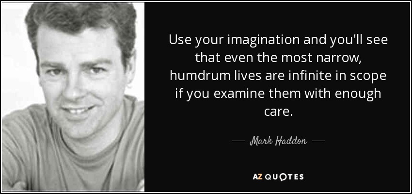 Use your imagination and you'll see that even the most narrow, humdrum lives are infinite in scope if you examine them with enough care. - Mark Haddon