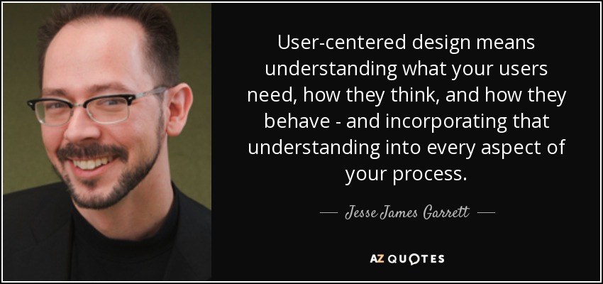 User-centered design means understanding what your users need, how they think, and how they behave - and incorporating that understanding into every aspect of your process. - Jesse James Garrett