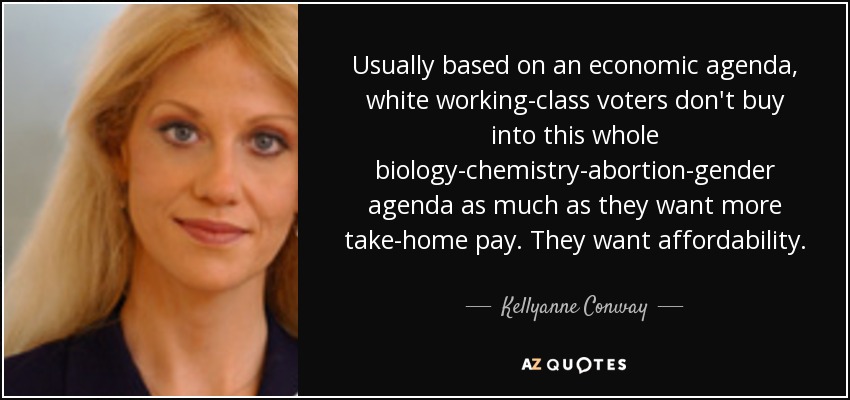 Usually based on an economic agenda, white working-class voters don't buy into this whole biology-chemistry-abortion-gender agenda as much as they want more take-home pay. They want affordability. - Kellyanne Conway