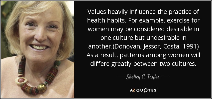 Values heavily influence the practice of health habits. For example, exercise for women may be considered desirable in one culture but undesirable in another.(Donovan, Jessor, Costa, 1991) As a result, patterns among women will differe greatly between two cultures. - Shelley E. Taylor